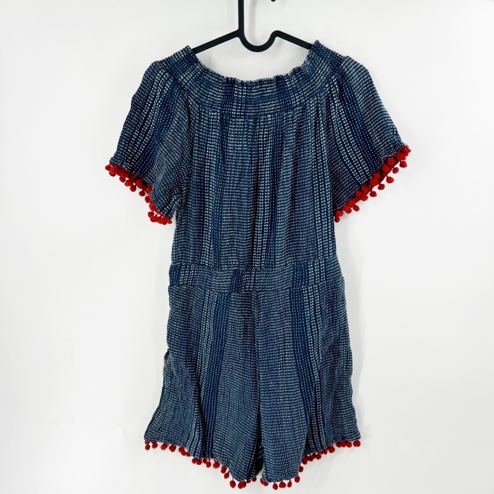 ✅ THML BLUE Romper with‎ COLORFUL Pompon Size SMALL ON/OFF SHOULDER BOHO - Picture 2 of 4